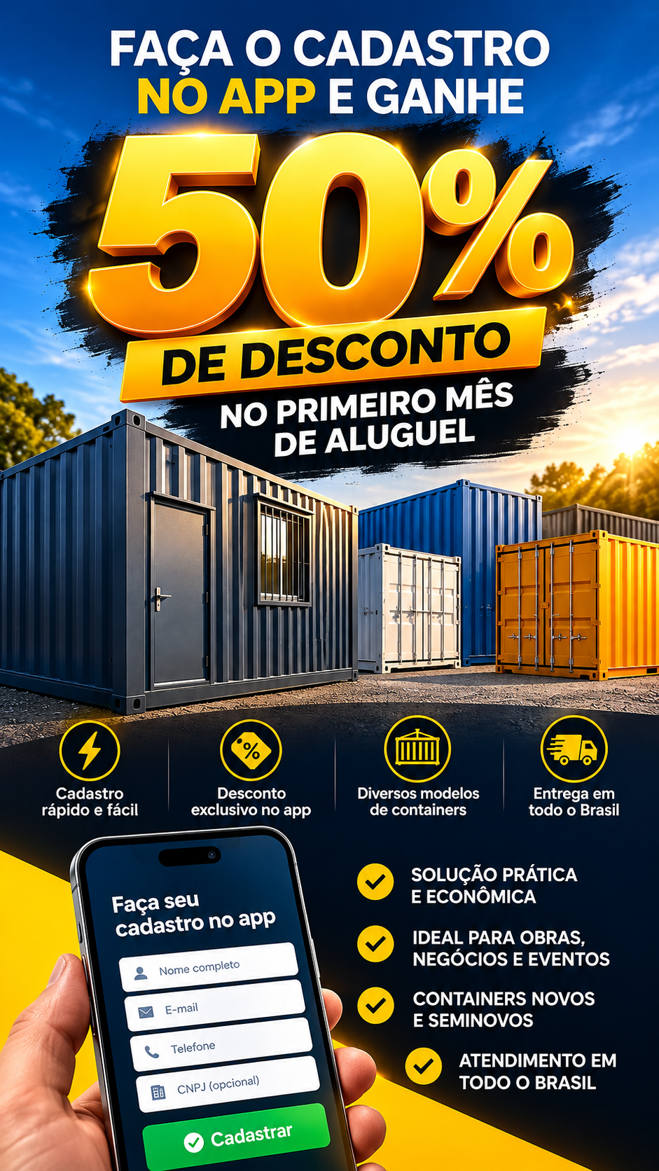 Faça o cadastro no app e ganhe 50% de desconto no primeiro mês de aluguel
